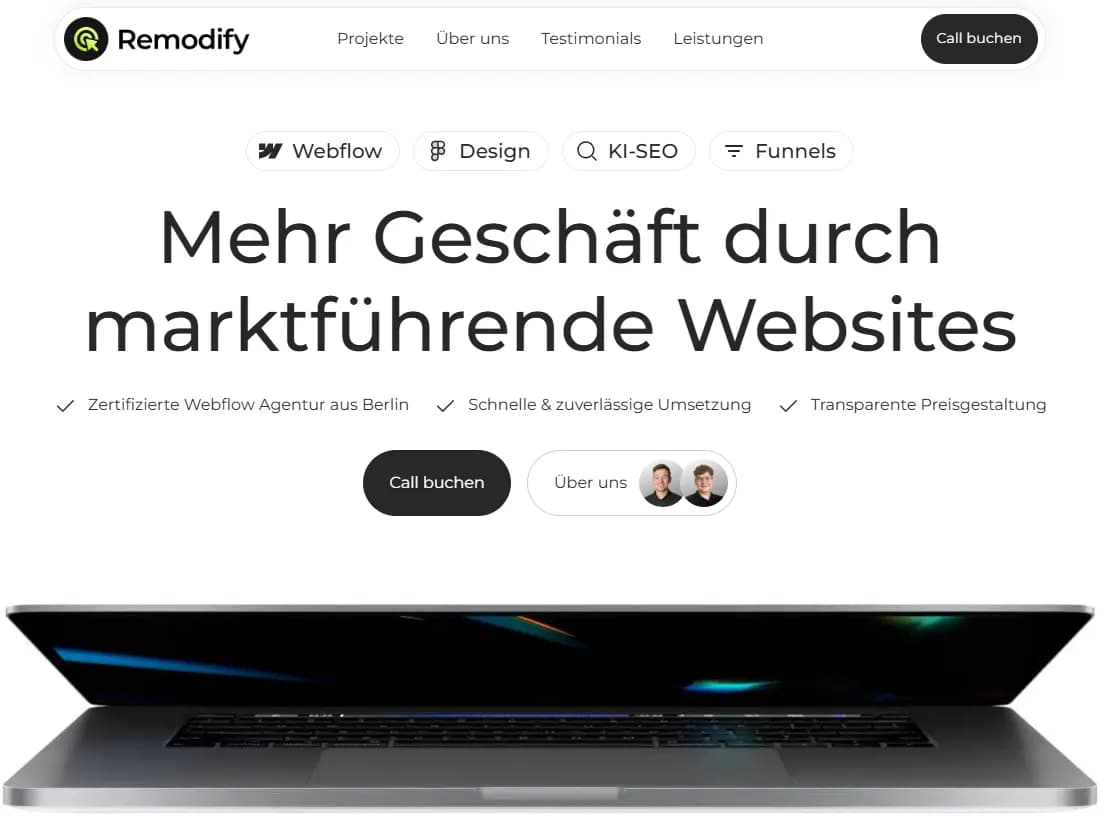 Startseite der Webflow-Agentur Remodify mit dem Versprechen, mehr Geschäft durch marktführende Websites zu generieren