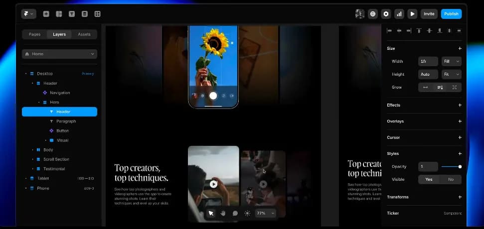 Image of the Framer interface and the Header tab