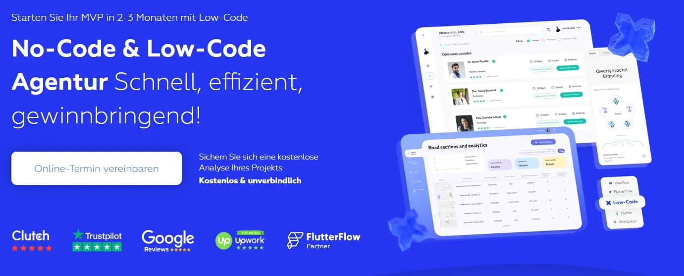 Promotional banner of a no-code & low-code website agency for startups, advertising the rapid development of an MVP in 2-3 months as well as a free project analysis, complemented by 5-star reviews from Clutch and Google.
