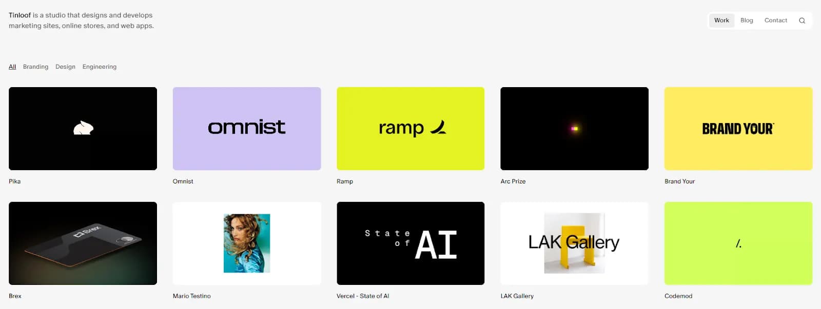 Portfolio overview of the Hamburg-based boutique agency Tinloof, showing various design and branding projects. This illustrates the focus, described in the article, on aesthetic, brand-oriented websites and visual storytelling for startups and e-commerce.