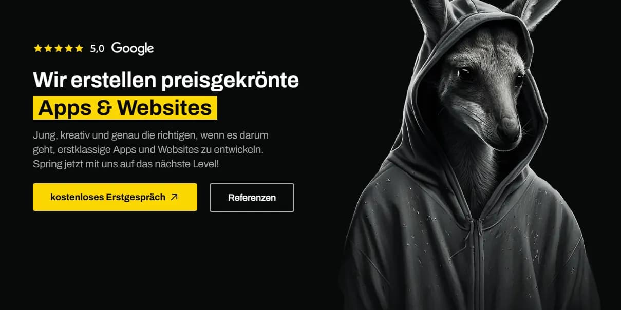 Knguru agency landing page featuring a kangaroo mascot and offering award-winning app and website creation