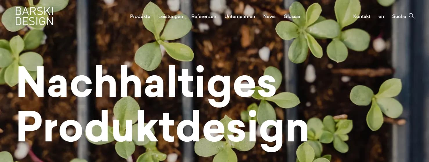 Homepage of Barski Design with a focus on sustainable product design, illustrated by green plant leaves