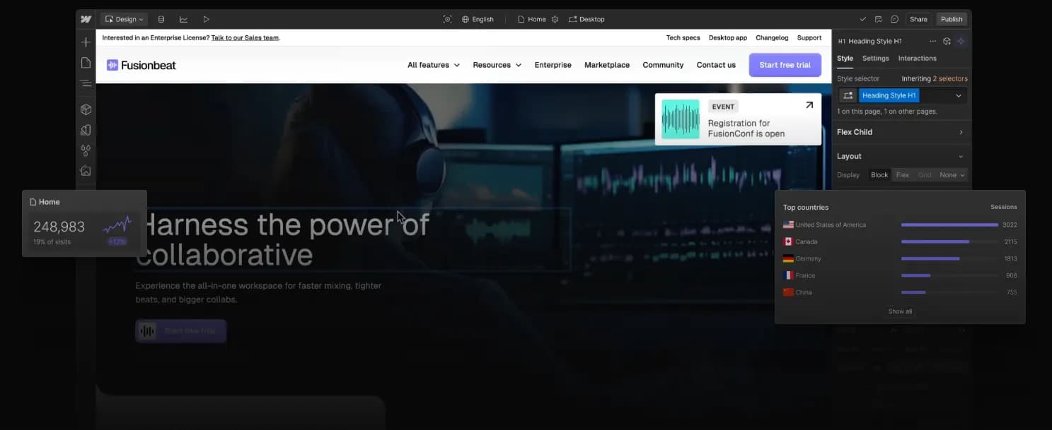 Image of the Webflow homepage and the software interface