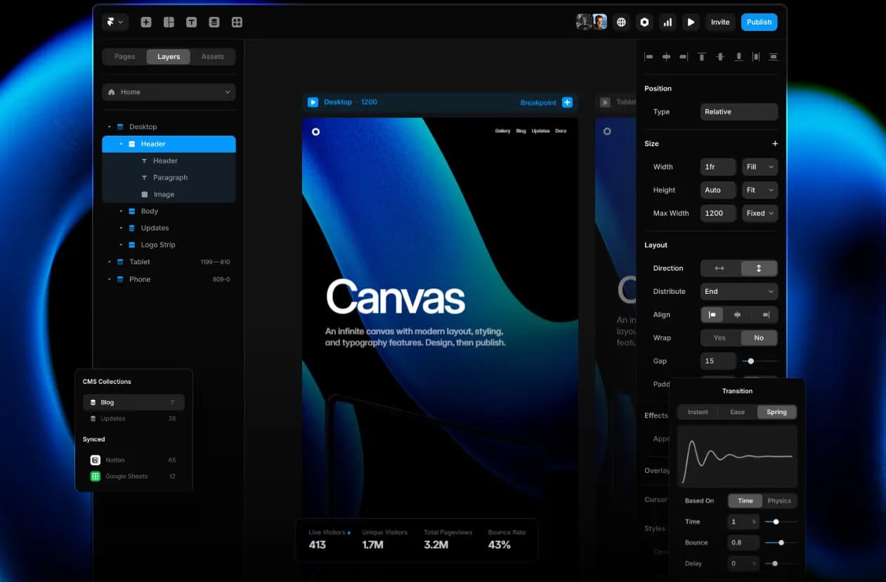 Image of the Framer homepage and the new editor bar