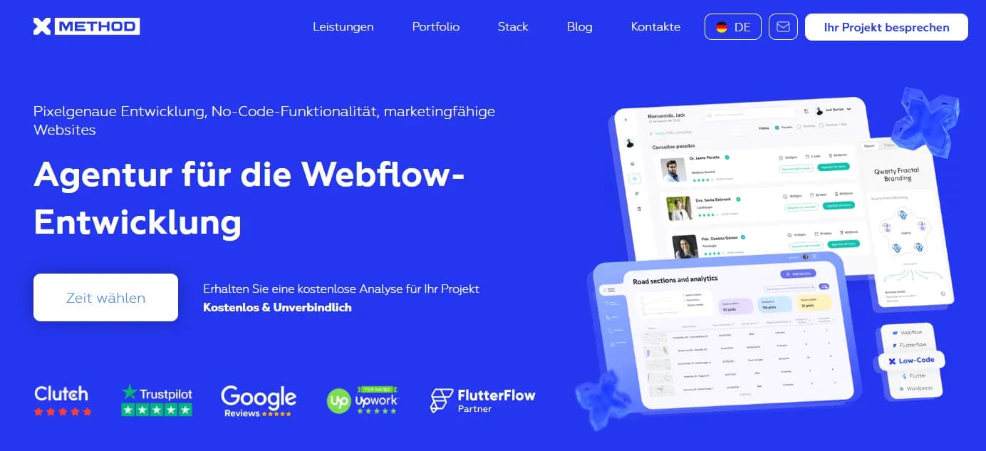 Startseite der Xmethod Webflow-Agentur mit dem Angebot für pixelgenaue Entwicklung und No-Code-Lösungen