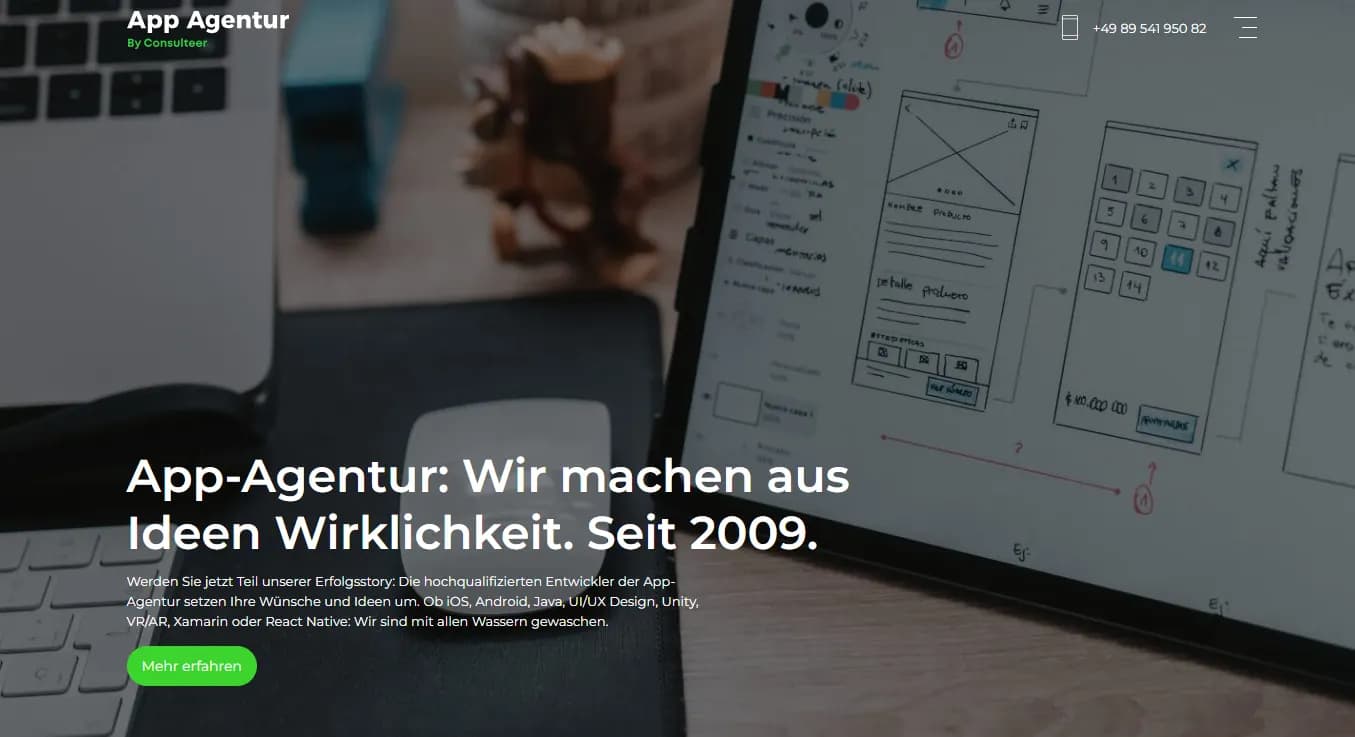 App-Agentur Hamburg website highlighting their long-standing experience in turning ideas into reality since 2009