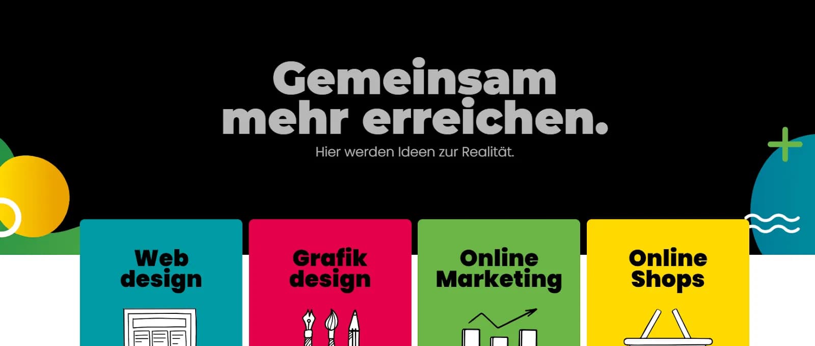 Service overview of the agency Purpix with the slogan “Achieving more together,” visualizing its four core areas: web design, graphic design, online marketing, and online shops. This highlights the full-service approach mentioned in the article, combining creative design with strategic marketing for SMEs.