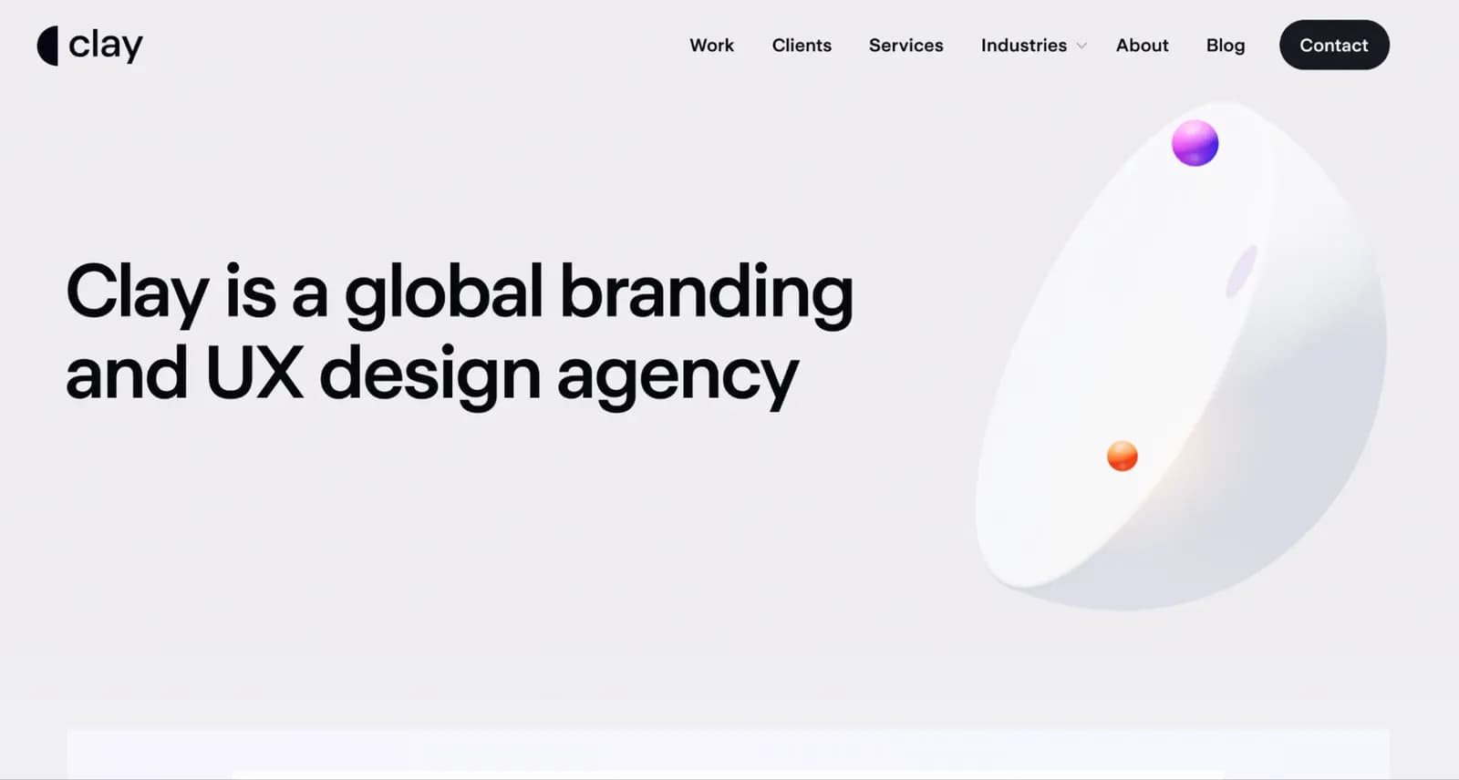 Screenshot of Clay’s homepage featuring branding and UX design services