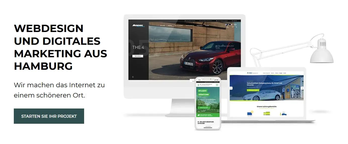Hero banner of the Hamburg agency WVNDERLAB titled “Web design and digital marketing,” showing responsive websites on desktop, laptop, and smartphone. This illustrates the holistic offering of design, development, and marketing for SMEs described in the article.