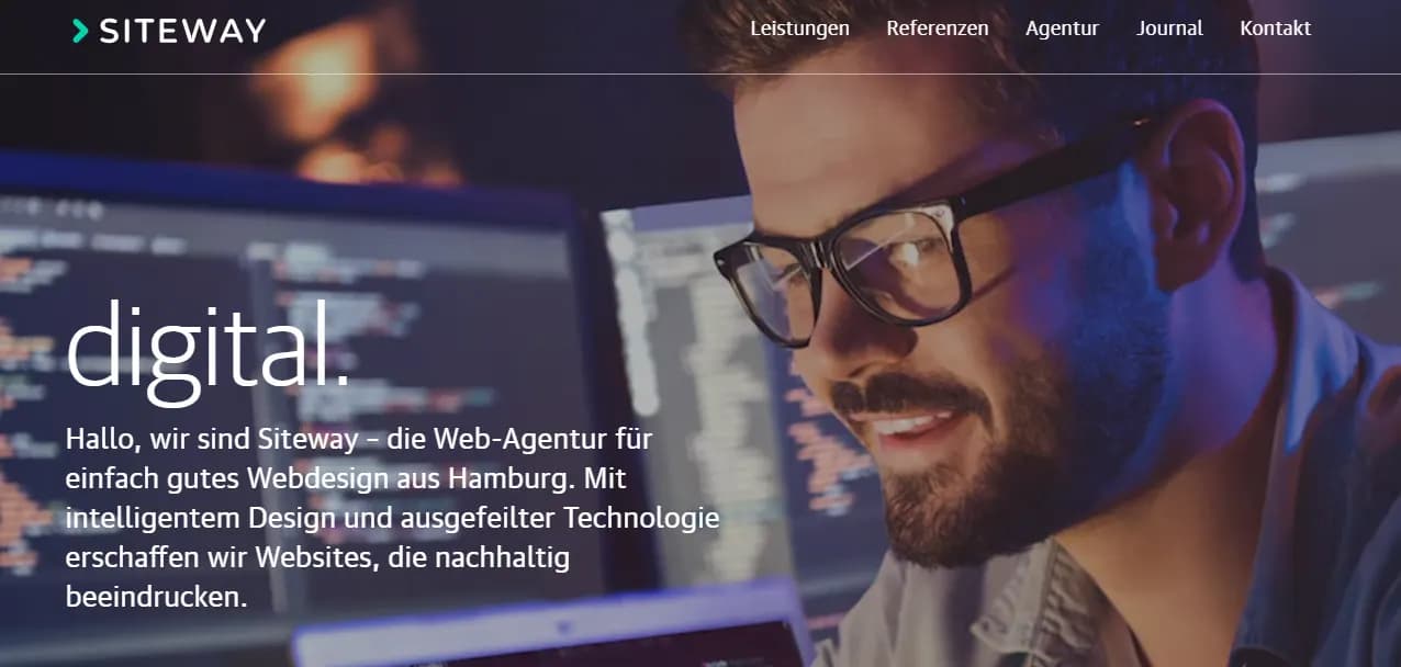 Homepage der Hamburger Agentur Siteway, die intelligente Designlösungen und technische Umsetzung aus einer Hand visualisiert.