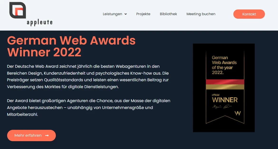 Appleute agency homepage proudly displaying the German Web Awards 2022 Winner badge