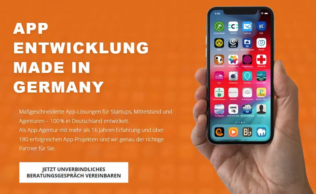 Appsolute agency banner emphasizing 'Made in Germany' app development with a smartphone displaying a portfolio of apps