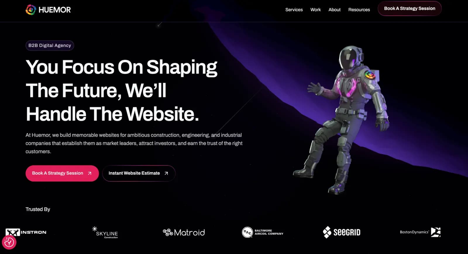 Screenshot of the Huemor homepage highlighting its B2B design and digital services