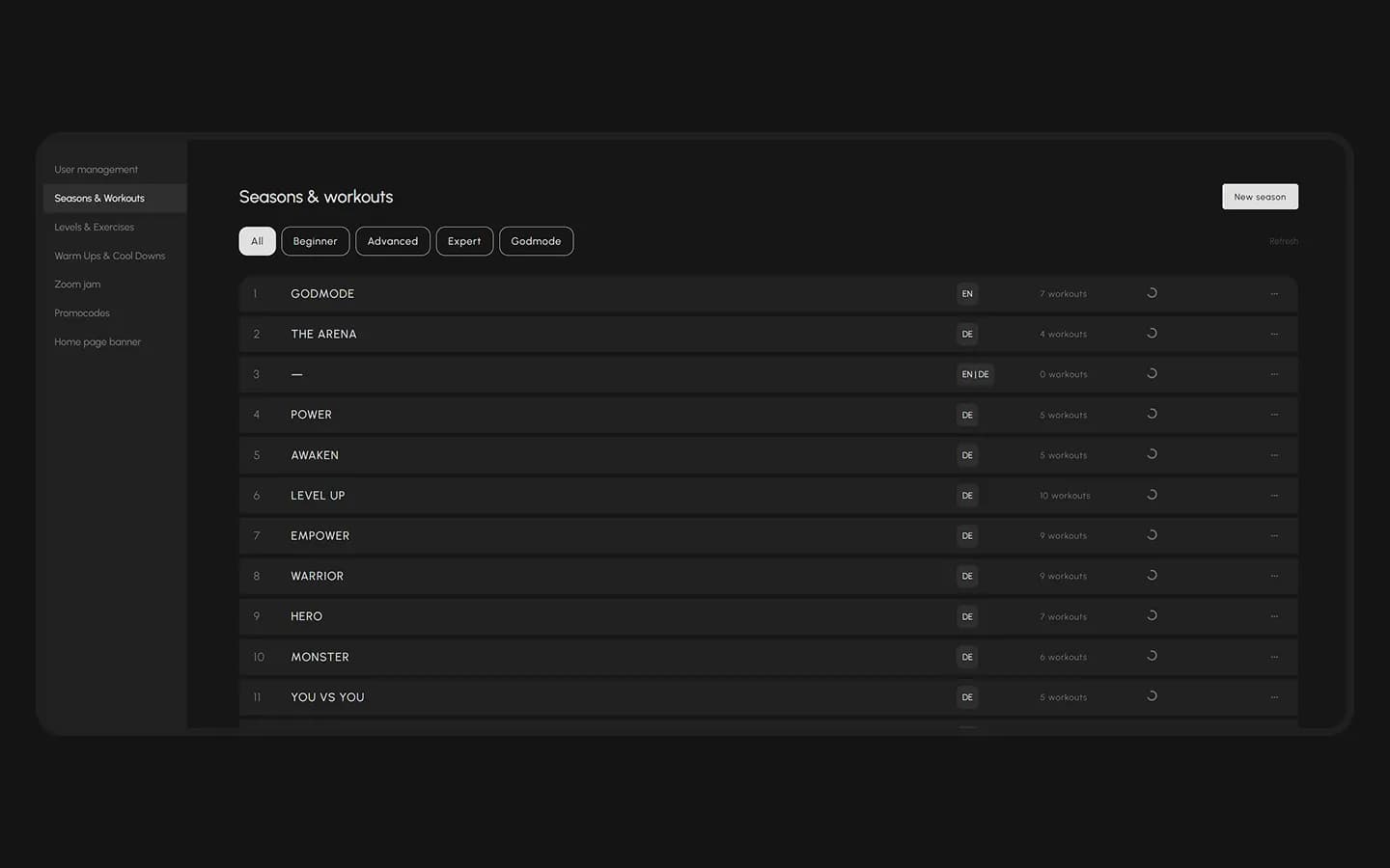 Liste der Seasons und Workouts mit Level-Filter