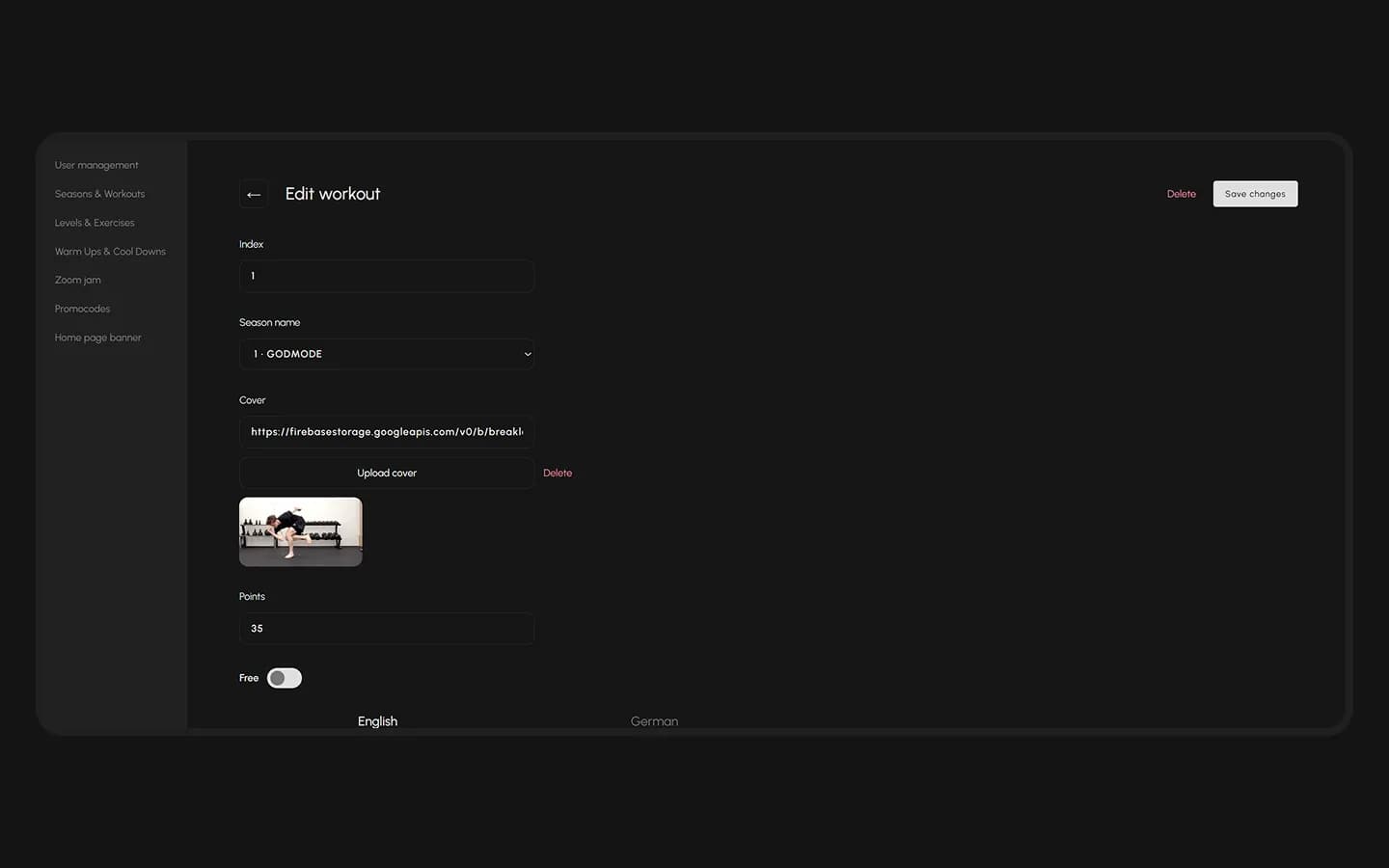 Formular zum Bearbeiten eines Workouts mit Season, Cover, Punkten und Frei-Schalter
