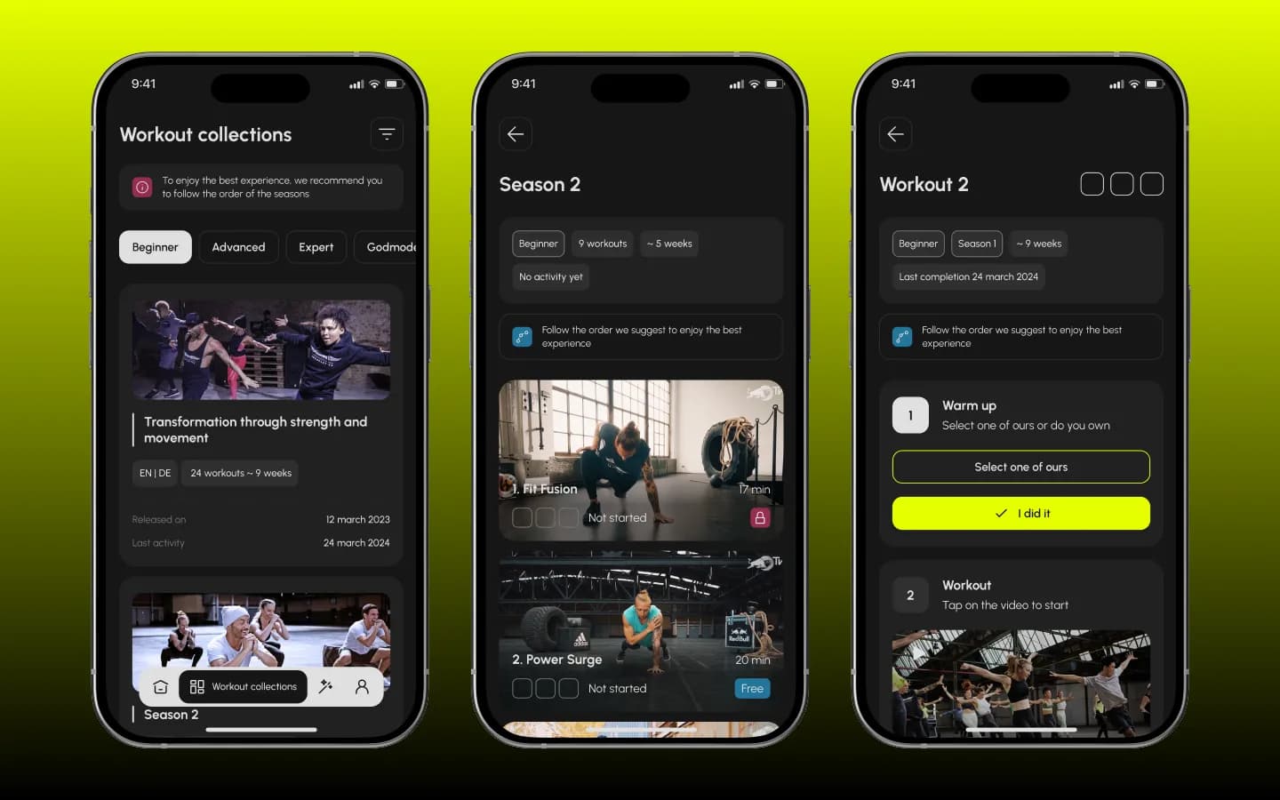 Workout-Kollektionen, Season-Übersicht und Workout-Schritte in der App