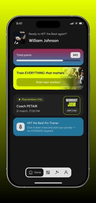 Startseite mit Gesamtpunkten, nächstem Workout und Live-Workout-Jam