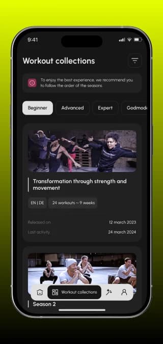 Workout-Kollektionen nach Level: Beginner, Advanced, Expert, Godmode