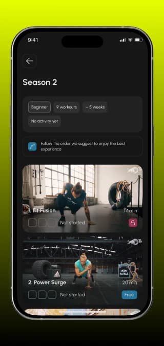 Season-Übersicht mit Workouts, Dauer und Status frei oder gesperrt