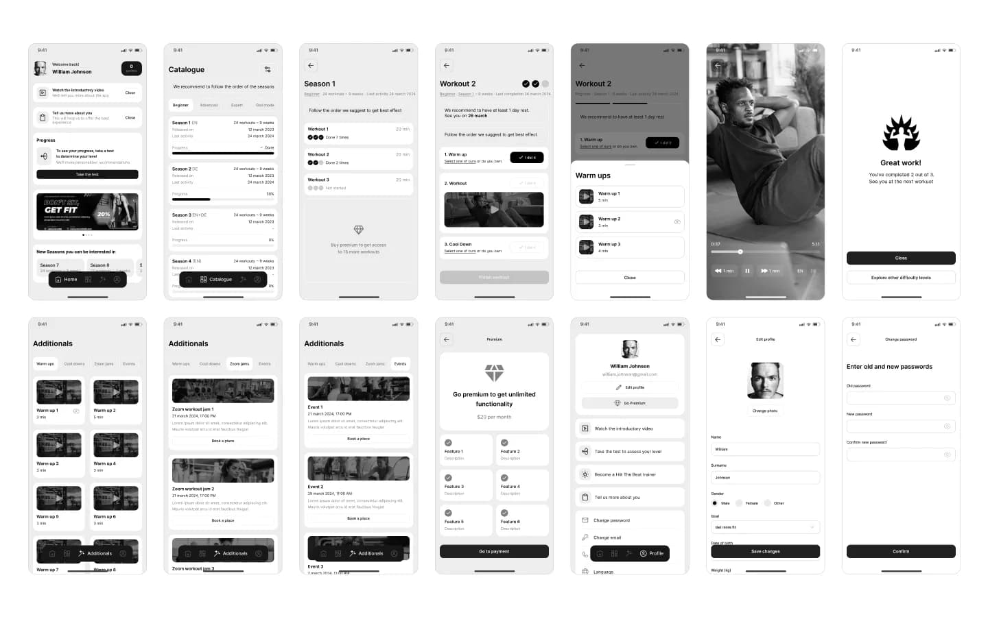 Graue Wireframes der HIIT-the-Beat-App