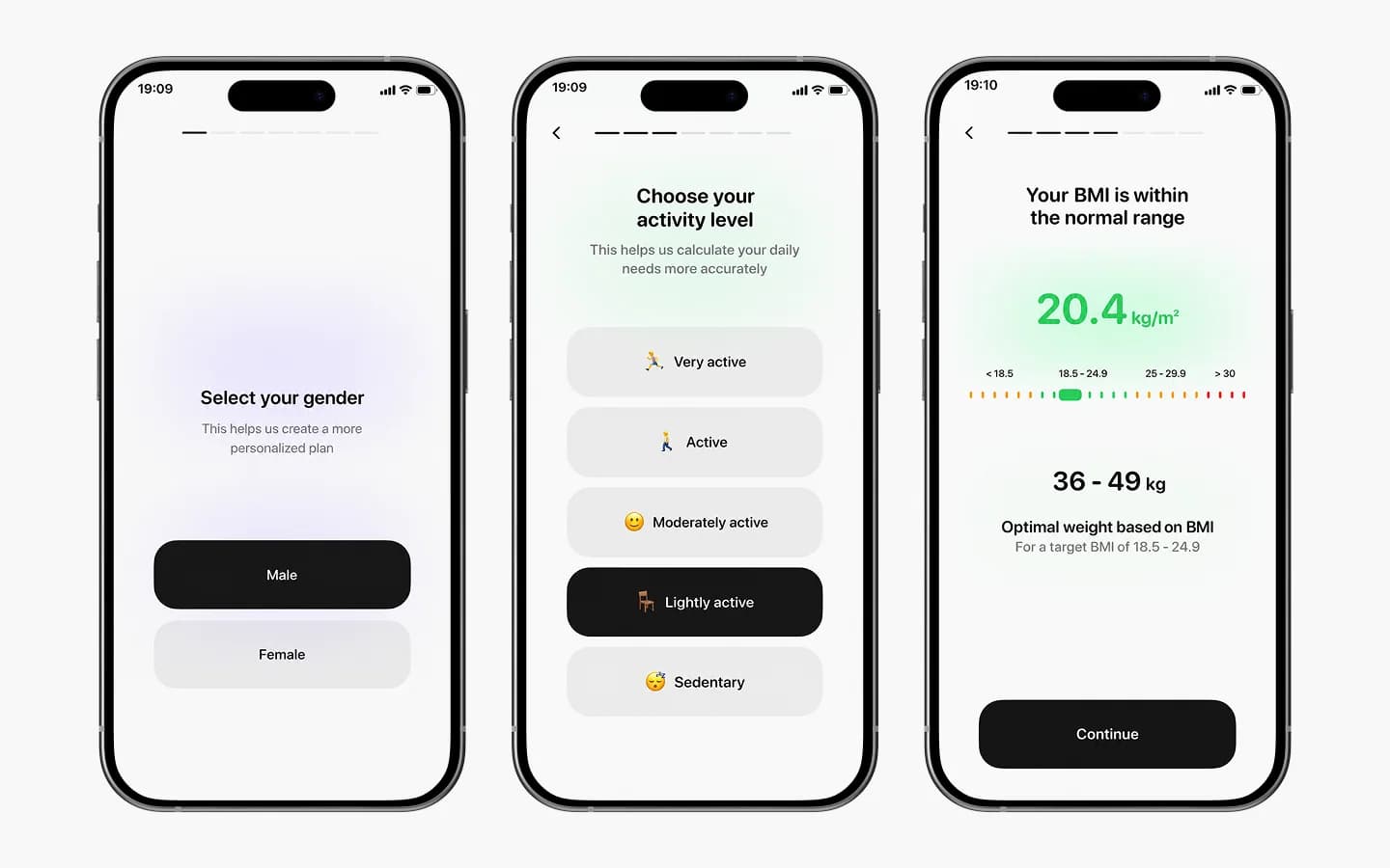 CalMePlease Onboarding für Geschlecht, Aktivitätsniveau und BMI-Ergebnis