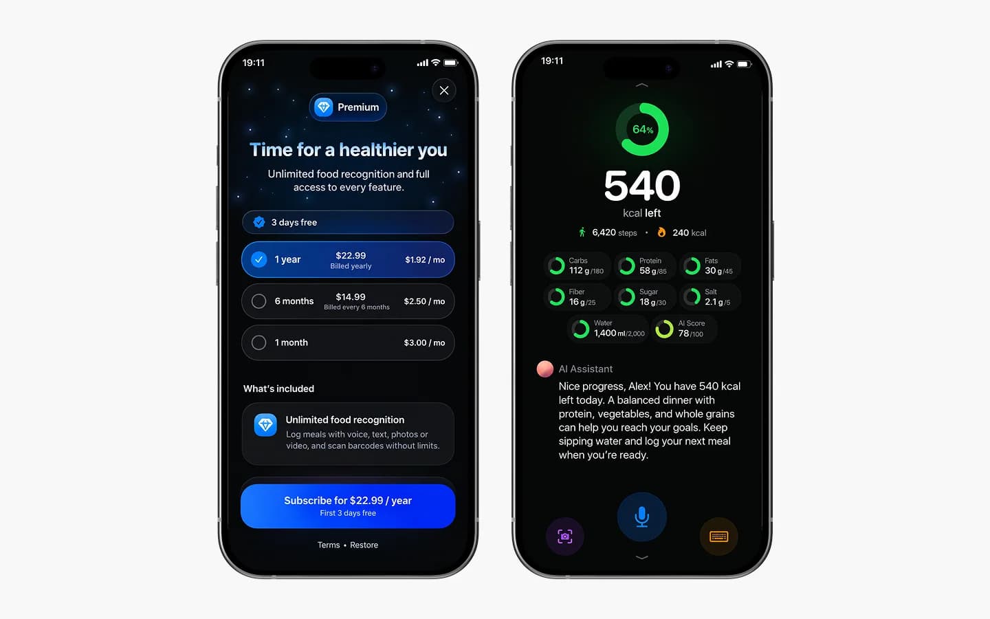 CalMePlease Premium-Abo und Ernährungsdashboard im Dark Mode