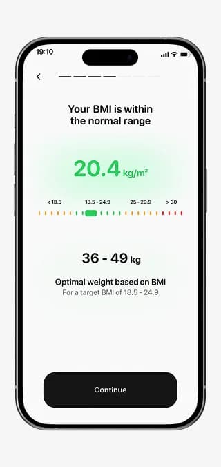 CalMePlease Onboarding-Ergebnis mit BMI und optimalem Gewichtsbereich