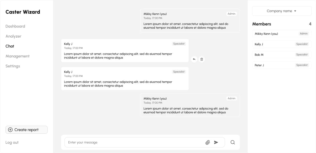 Admin-Chat mit Unternehmensauswahl und Mitgliederliste