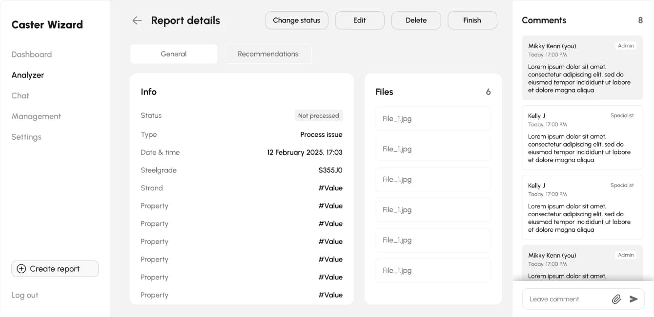 Detailseite einer Meldung mit Parametern, Dateien und Kommentaren