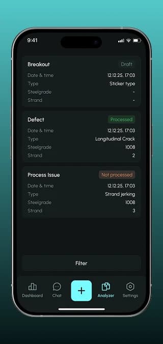 Analyzer mit Meldungen zu Durchbruch, Defekt und Prozessproblem