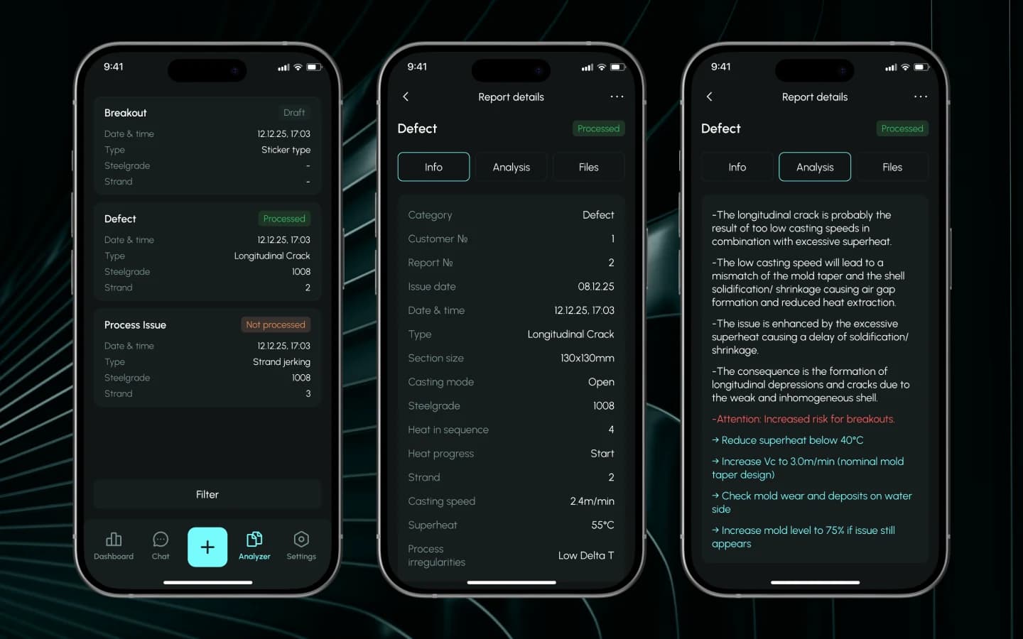 Meldungsliste, Gießparameter und Empfehlungen des Experten in der App