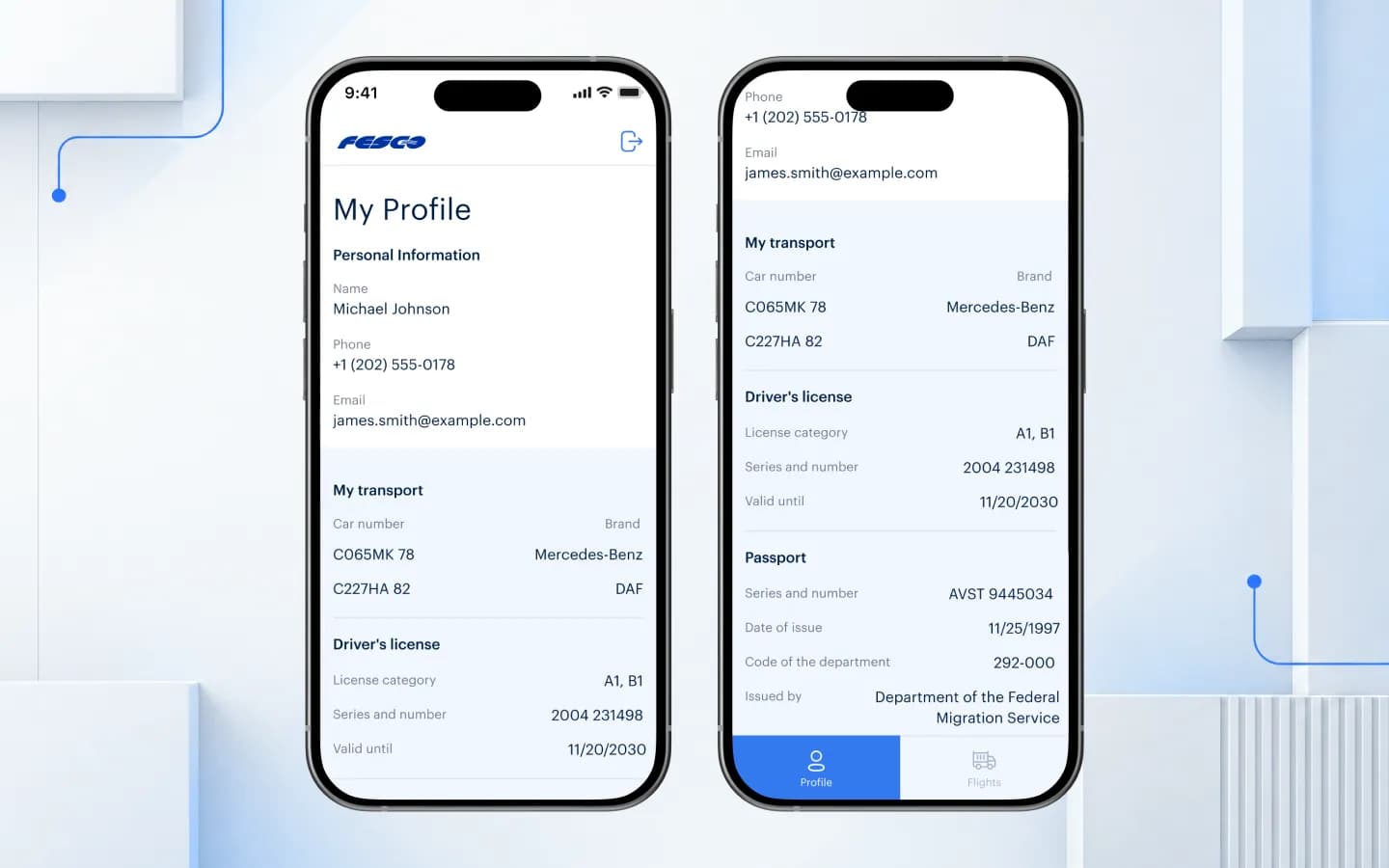 Fahrerprofil mit Fahrzeugen, Führerschein und Pass in der FESCO-App