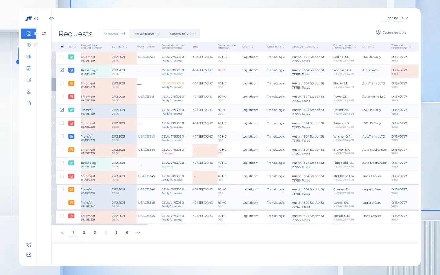 FESCO-Webportal mit Tabelle der Versand-, Entlade- und Umschlagaufträge