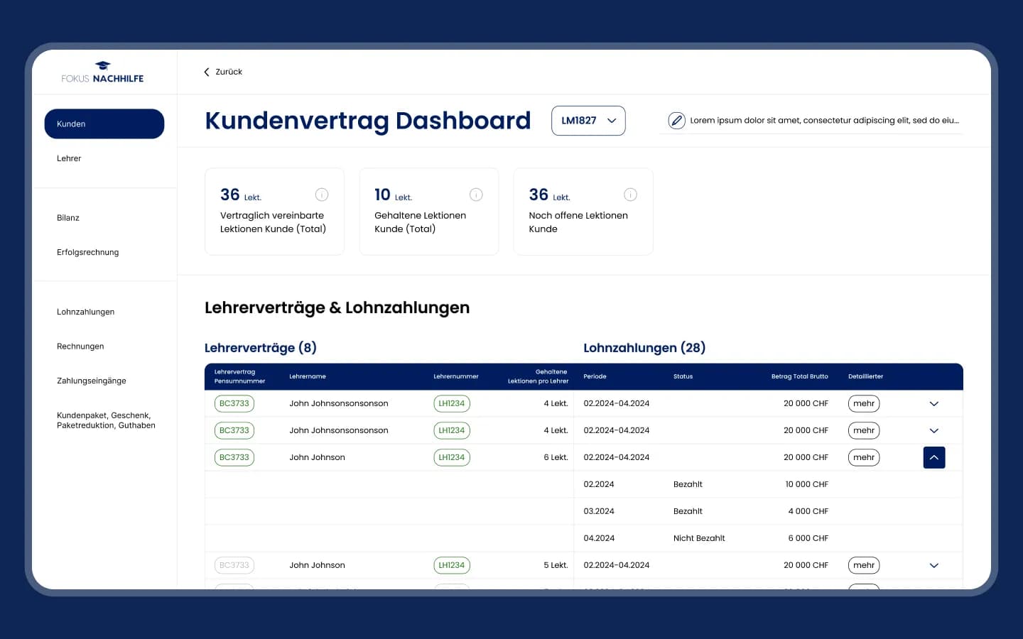 Kundenvertrag-Dashboard mit Lehrerverträgen und Lohnzahlungen in CHF