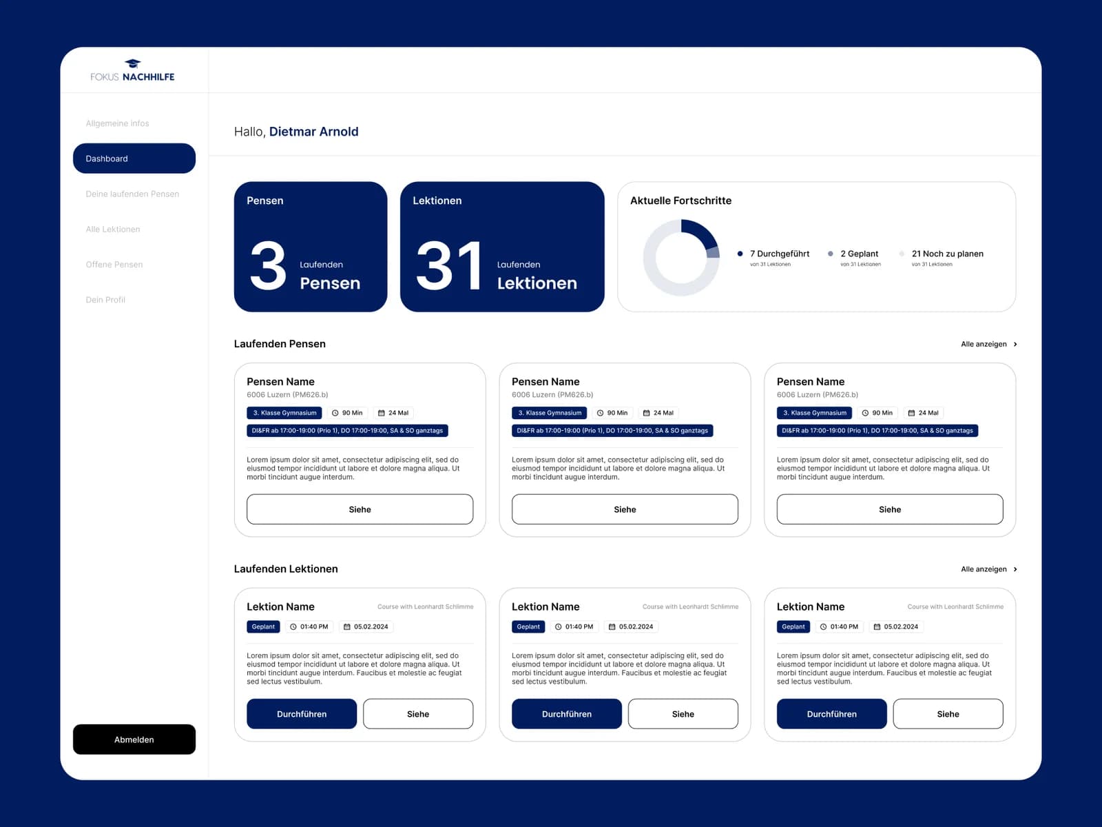 Dashboard für Lehrpersonen bei Fokus Nachhilfe mit Pensen, Lektionen und Fortschritt