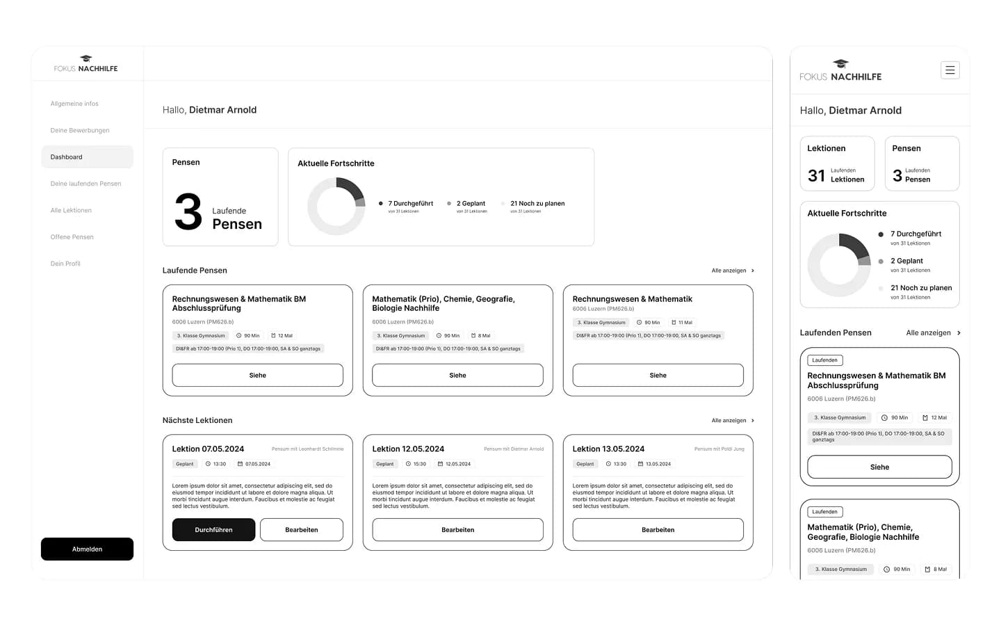 Wireframe des Dashboards für Lehrpersonen, Desktop und Mobil