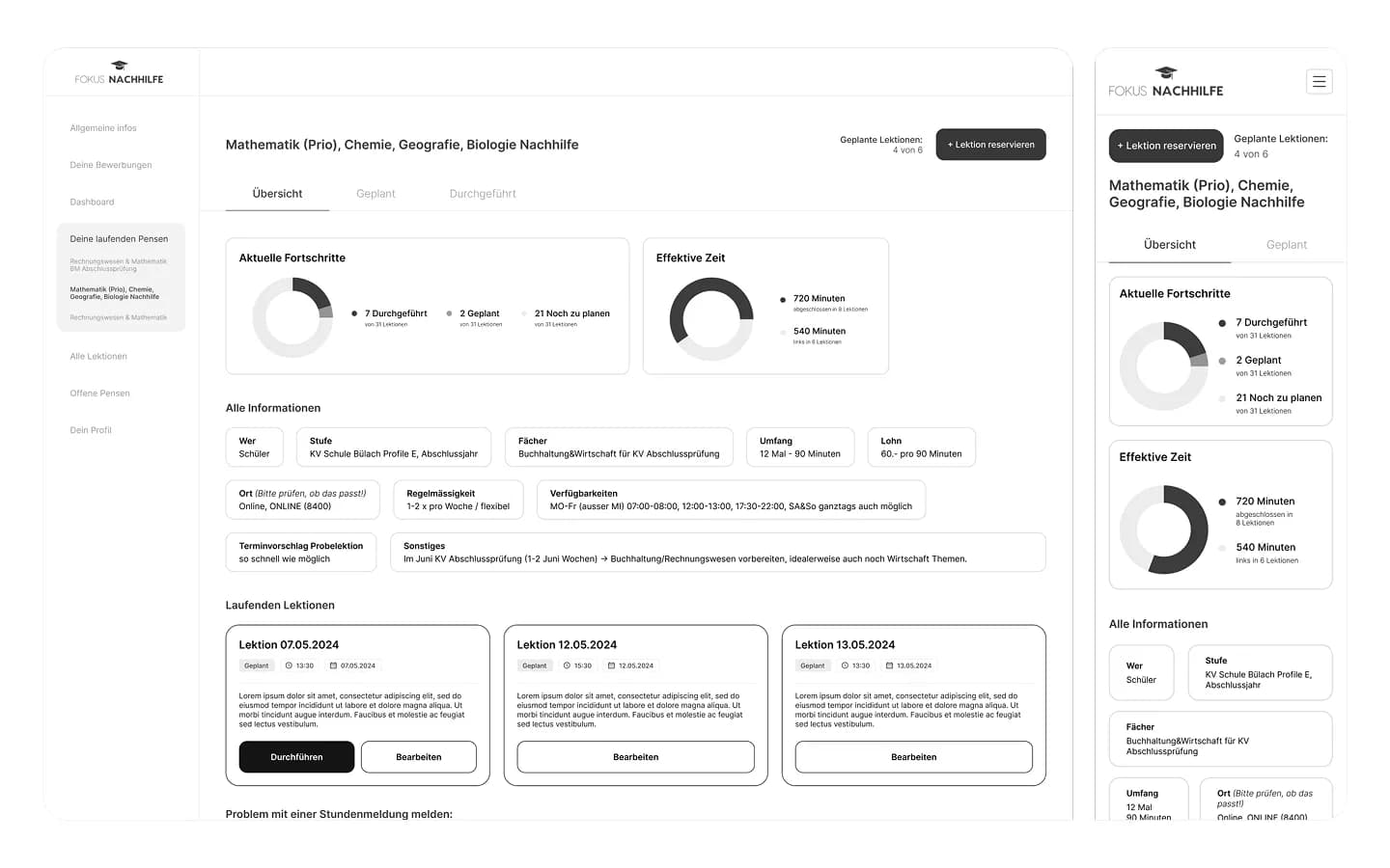 Wireframe eines Pensums mit Fortschritt und Zeit