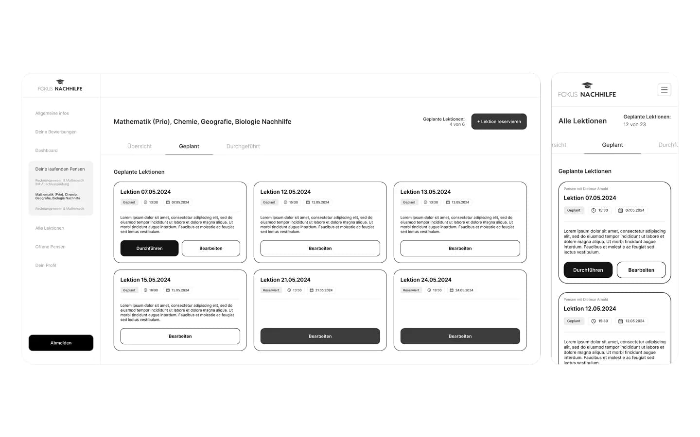 Wireframe geplanter und reservierter Lektionen