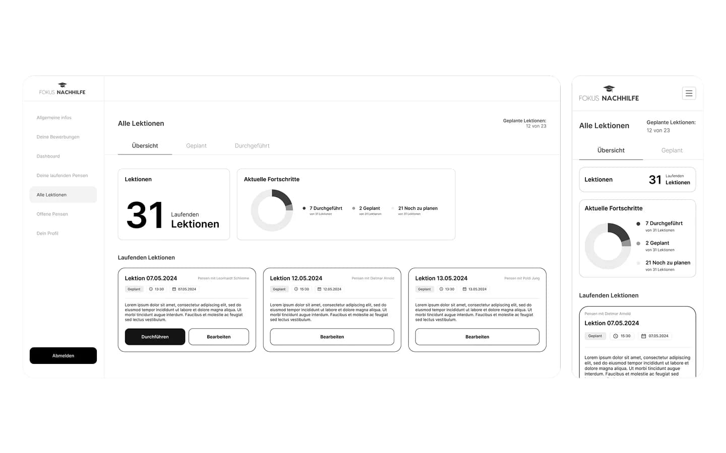 Wireframe der Übersicht aller Lektionen