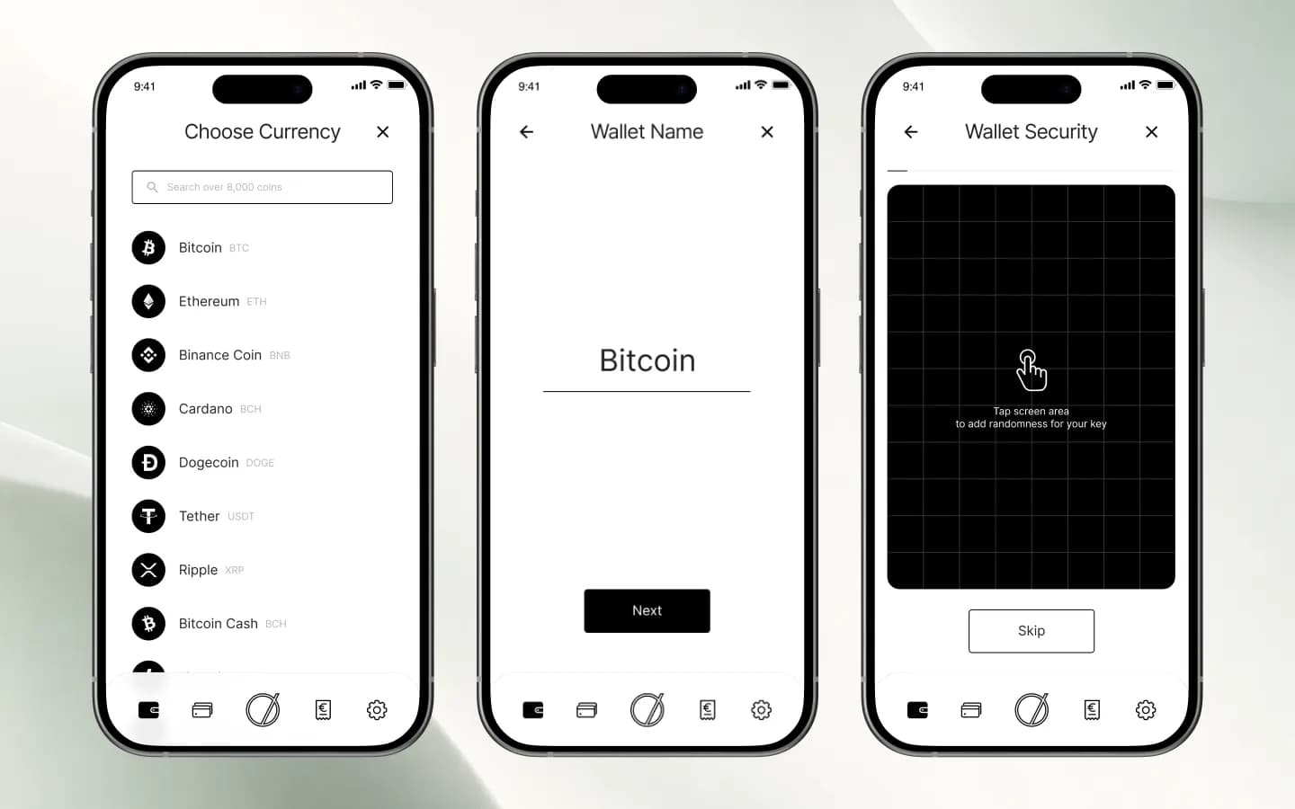 Wallet-Einrichtung: Währung wählen, Wallet benennen und Zufälligkeit für den Schlüssel erzeugen