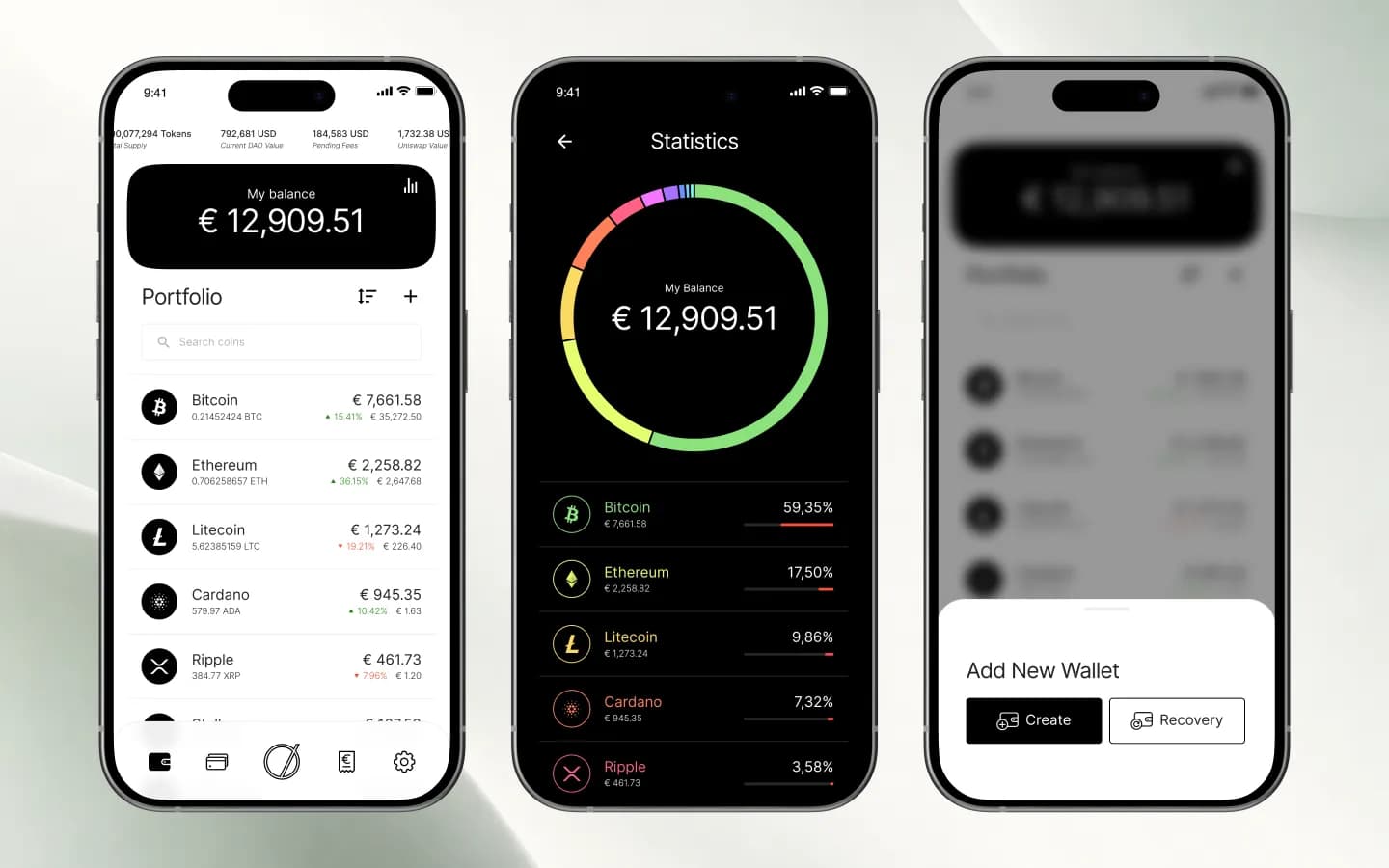 Krypto-Portfolio, Saldo-Statistik nach Coins und Dialog zum Hinzufügen einer Wallet