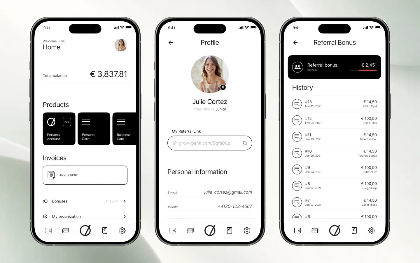 Startseite von Grow Bank, Profil mit Empfehlungslink und Verlauf der Empfehlungsboni