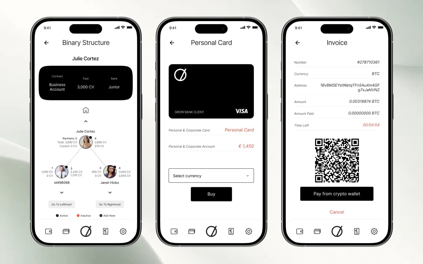 Binäre Partnerstruktur, Kauf einer Privatkarte und BTC-Rechnung mit QR-Code