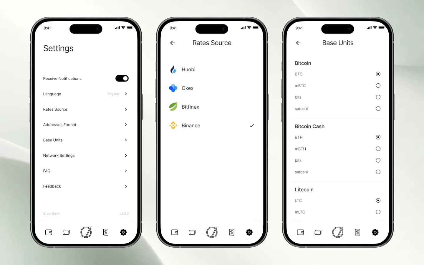 App-Einstellungen, Auswahl der Kursquelle und Basiseinheiten je Coin