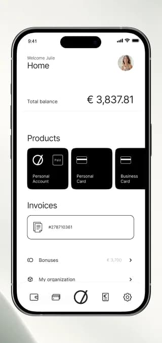 Startseite von Grow Bank mit Gesamtsaldo, Produkten und Rechnungen