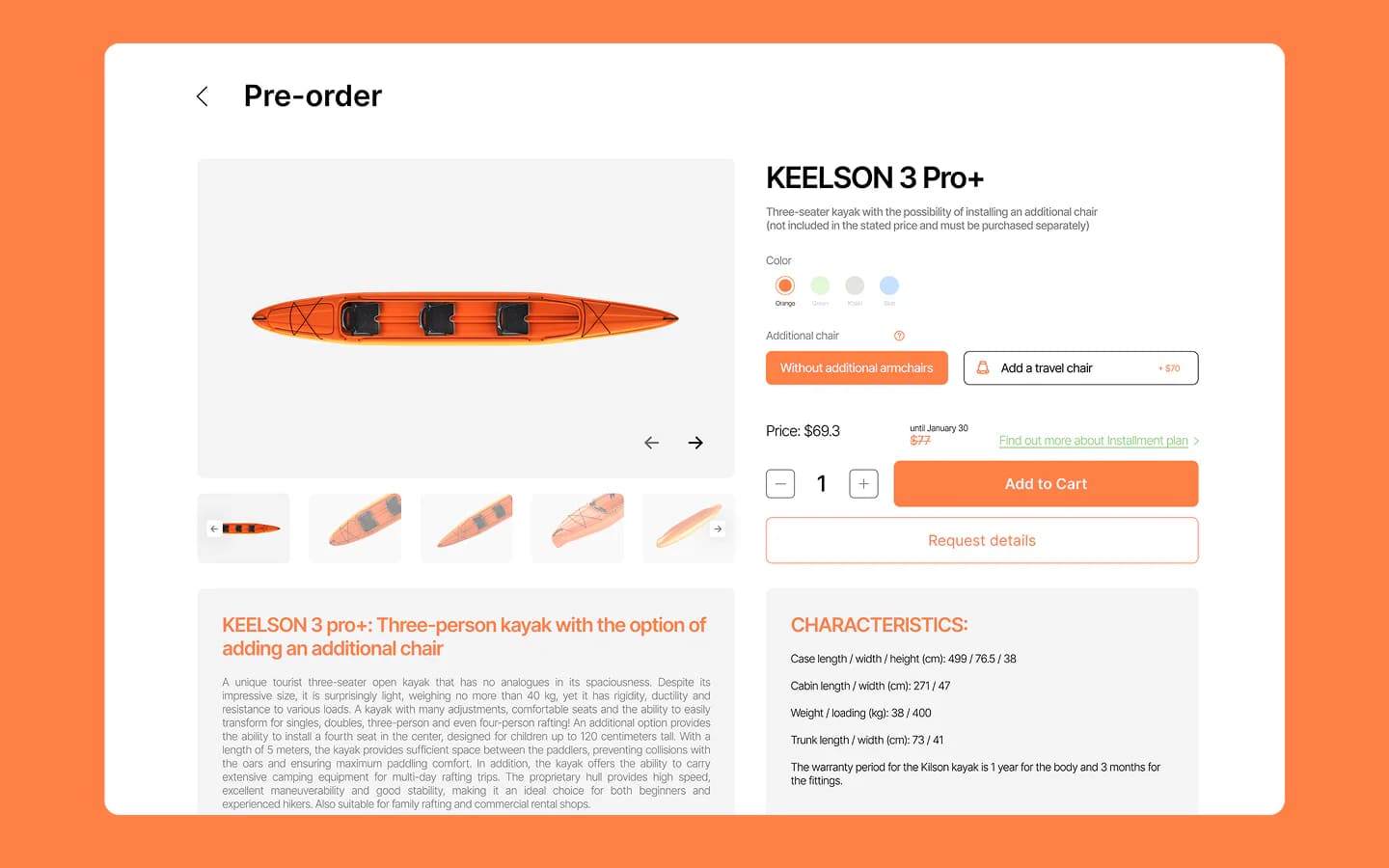 Keelson Desktop-Vorbestellung mit Galerie, Farben, Sitzoptionen, Menge und Warenkorbaktion
