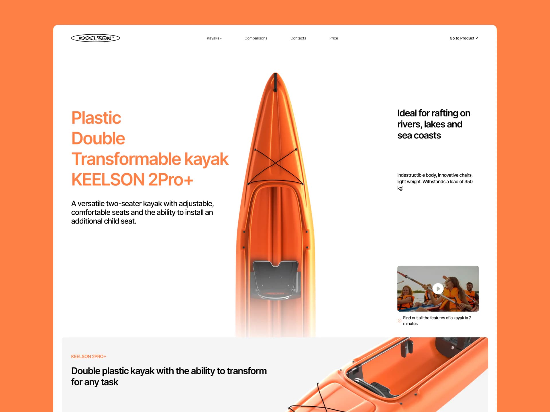 Keelson Desktop-Produktwebsite mit einem orangefarbenen, wandelbaren Kajak