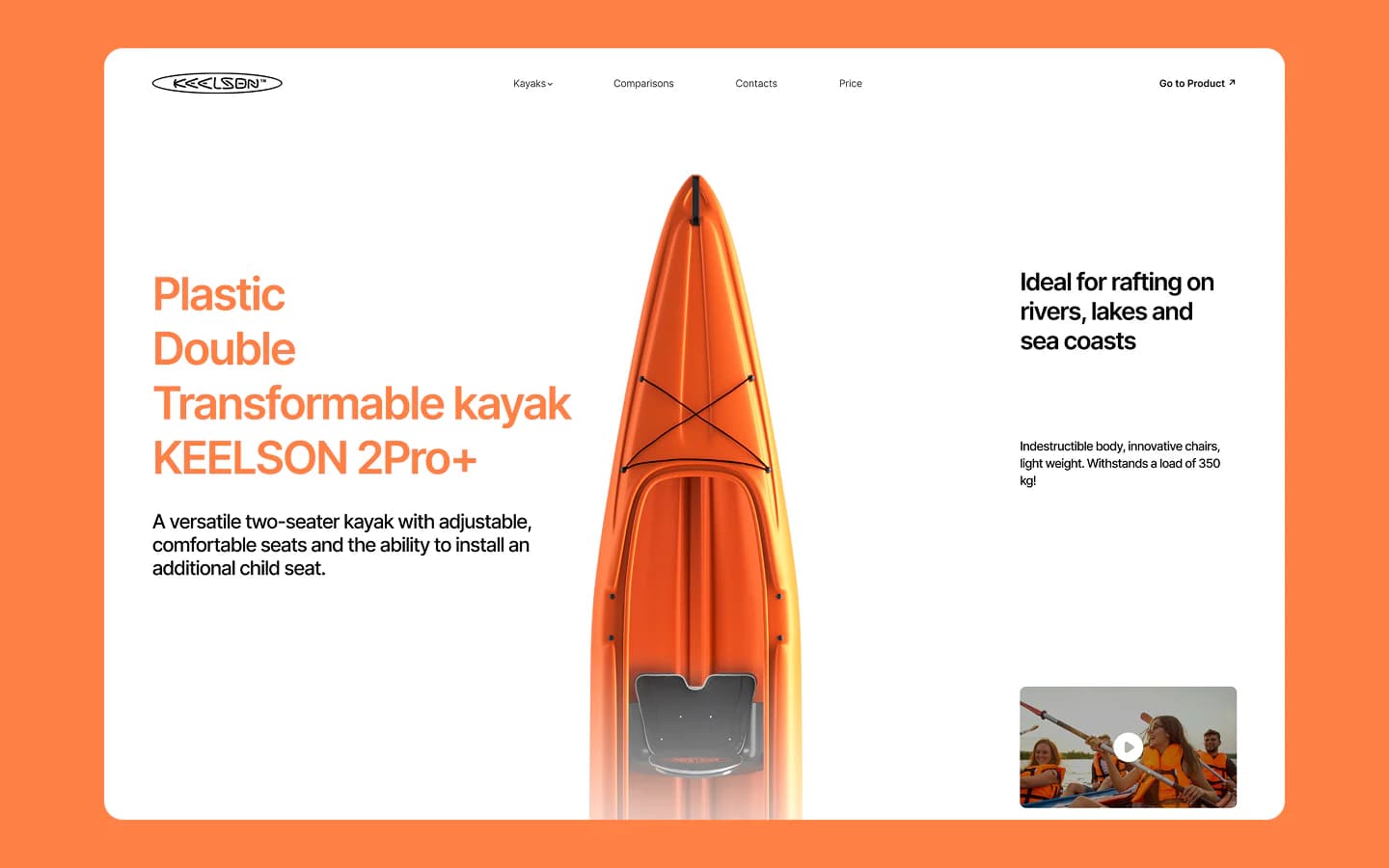 Keelson Landingpage mit orangefarbenem Kajak, kräftiger Typografie und Produktnavigation
