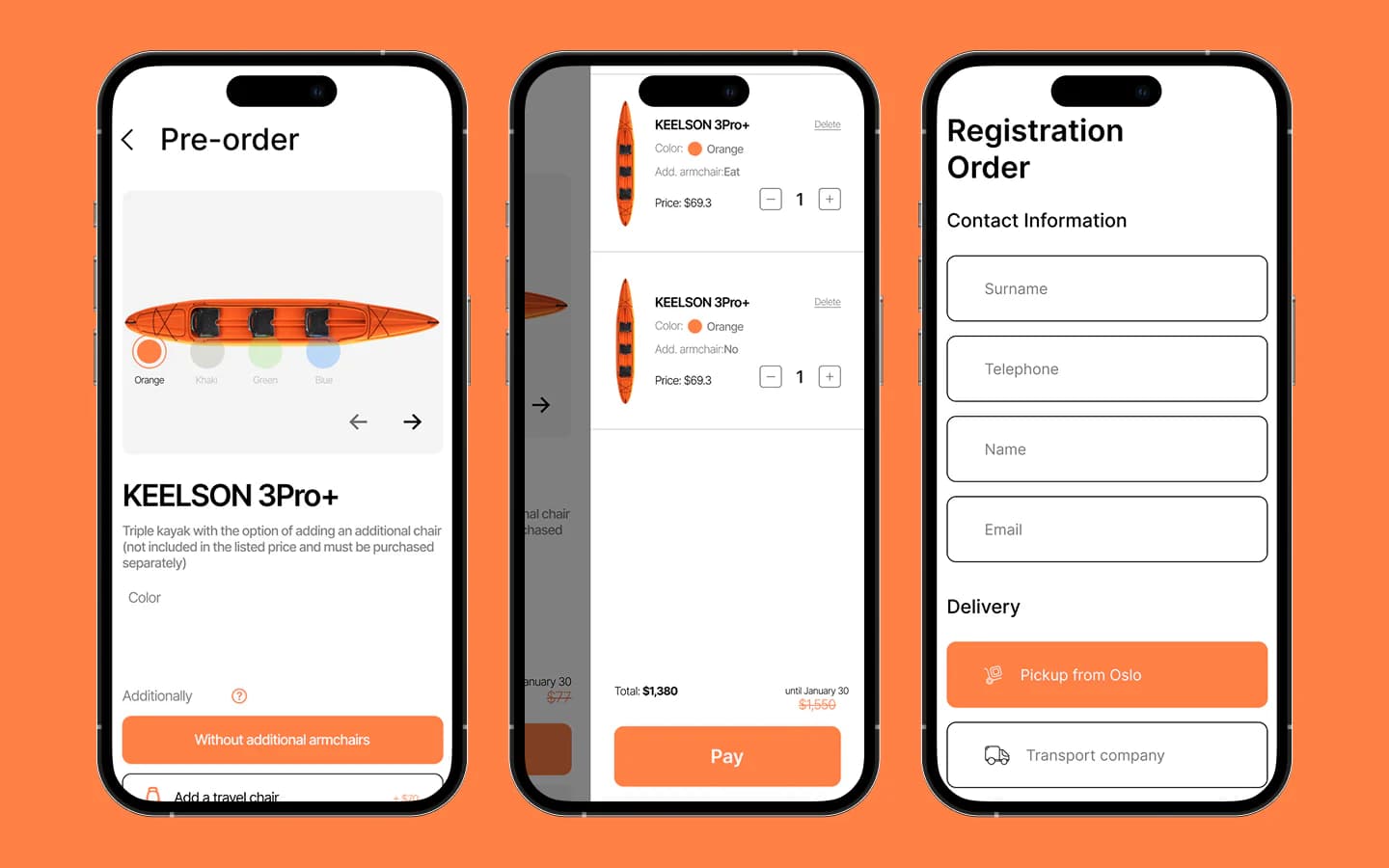 Drei mobile Keelson Screens für Kajakkonfiguration, Warenkorb und Bestellregistrierung