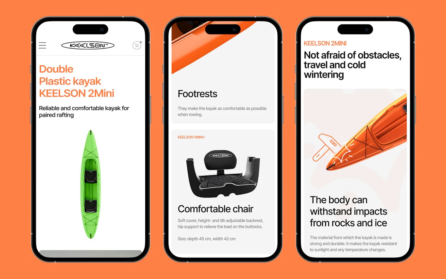 Drei mobile Keelson Produktseiten mit Kajakmodell, Fußstützen, Sitz und Haltbarkeit